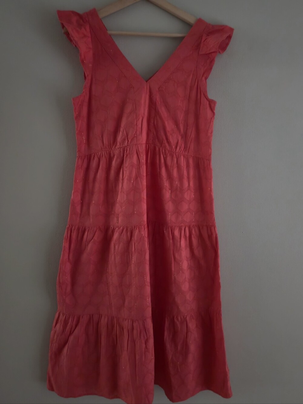LOFT Coral Pink Gold Shimmer Metallic Ruffle Tiered V-Neck Midi Dress